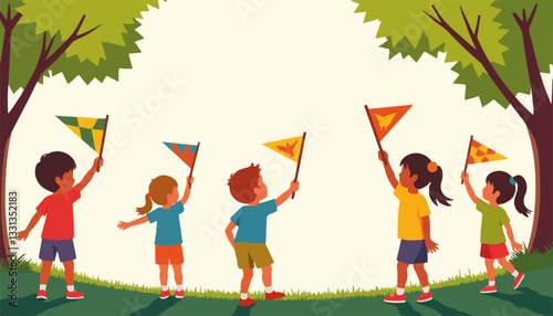 Joyful children waving pennant flags in a park, celebration of friendship