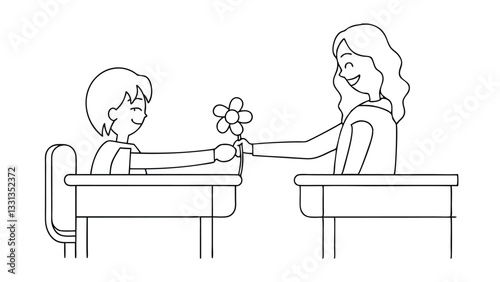 A boy at a school desk offers a flower to his smiling female teacher seated at her desk. Simple line art illustration.