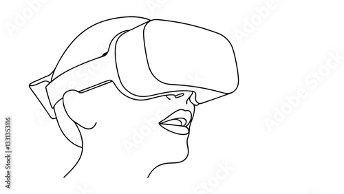Line art illustration of a womans profile wearing a VR headset, experiencing a digital world. Her expression suggests wonder and immersion.