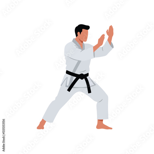 Karate practitioner in action demonstrating a technique in flat vector art