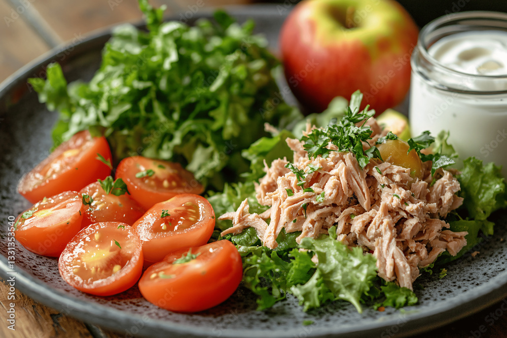 Plate with cherry tomatoes, tuna, salad, yogurt jar, and an apple; healthy food Plate with cherry tomatoes, tuna, salad, yogurt jar, and an apple; healthy food