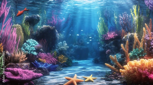Colorful coral reef, sunlit underwater scene, fish swim, ocean floor background, illustration of aquatic nature, travel use