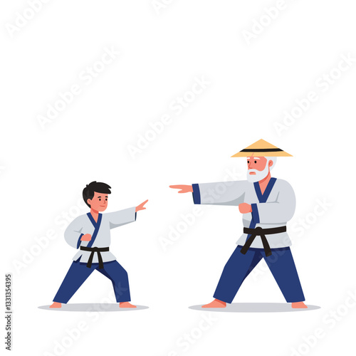 Young martial artist practicing with mentor in flat vector illustration