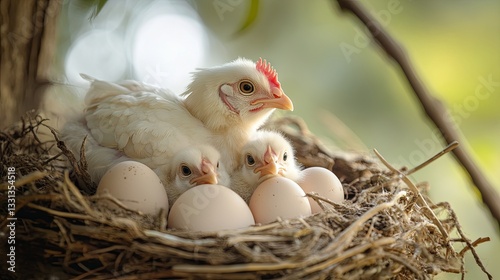 Hen with chicks and eggs in a nest