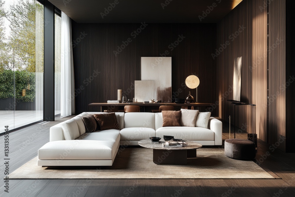 Fototapeta premium Modern sectional sofa in minimalist living room. (1)