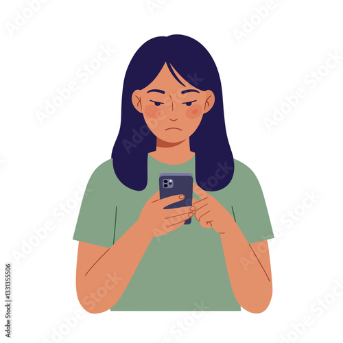 Person holding smartphone with neutral expression in flat vector art style
