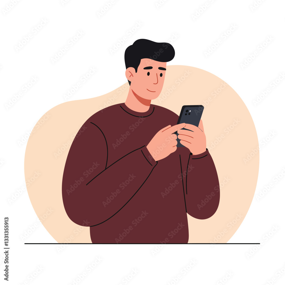 Young man using smartphone in minimal style vector illustration Young man using smartphone in minimal style vector illustration