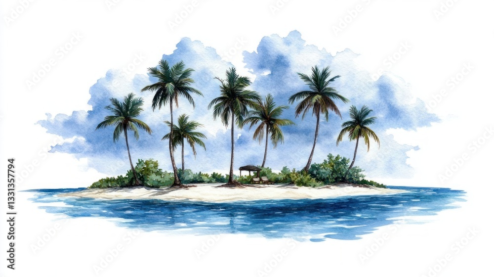 Tropical Island Paradise with Palm Trees, Sandy Beach, and Clear Blue Water Tropical Island Paradise with Palm Trees, Sandy Beach, and Clear Blue Water