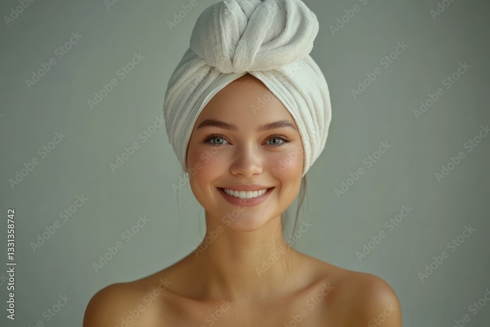 Beautiful woman smiling with towel wrapped around her head Beautiful woman smiling with towel wrapped around her head