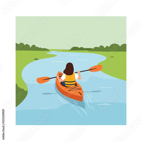 Kayaking adventure in nature with a flat design style in vector art