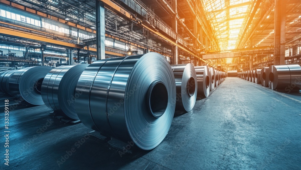 steel coils neatly arranged reflecting factory light emphasizing metallurgical production and industry prowess steel coils neatly arranged reflecting factory light emphasizing metallurgical production and industry prowess