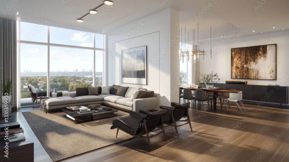 Fototapeta premium A beautifully designed open-plan living and dining area with contemporary furniture, rich hardwood flooring, and artistic decor for a cozy yet sophisticated feel
