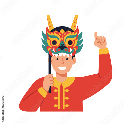 Person holding colorful dragon mask in traditional attire with flat vector art style vector illustration