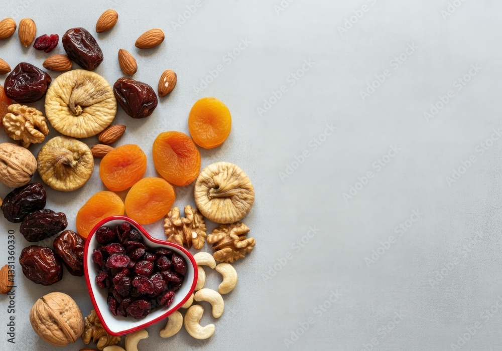 Obraz premium Assorted dried fruits and nuts arranged in a heart-shaped bowl
