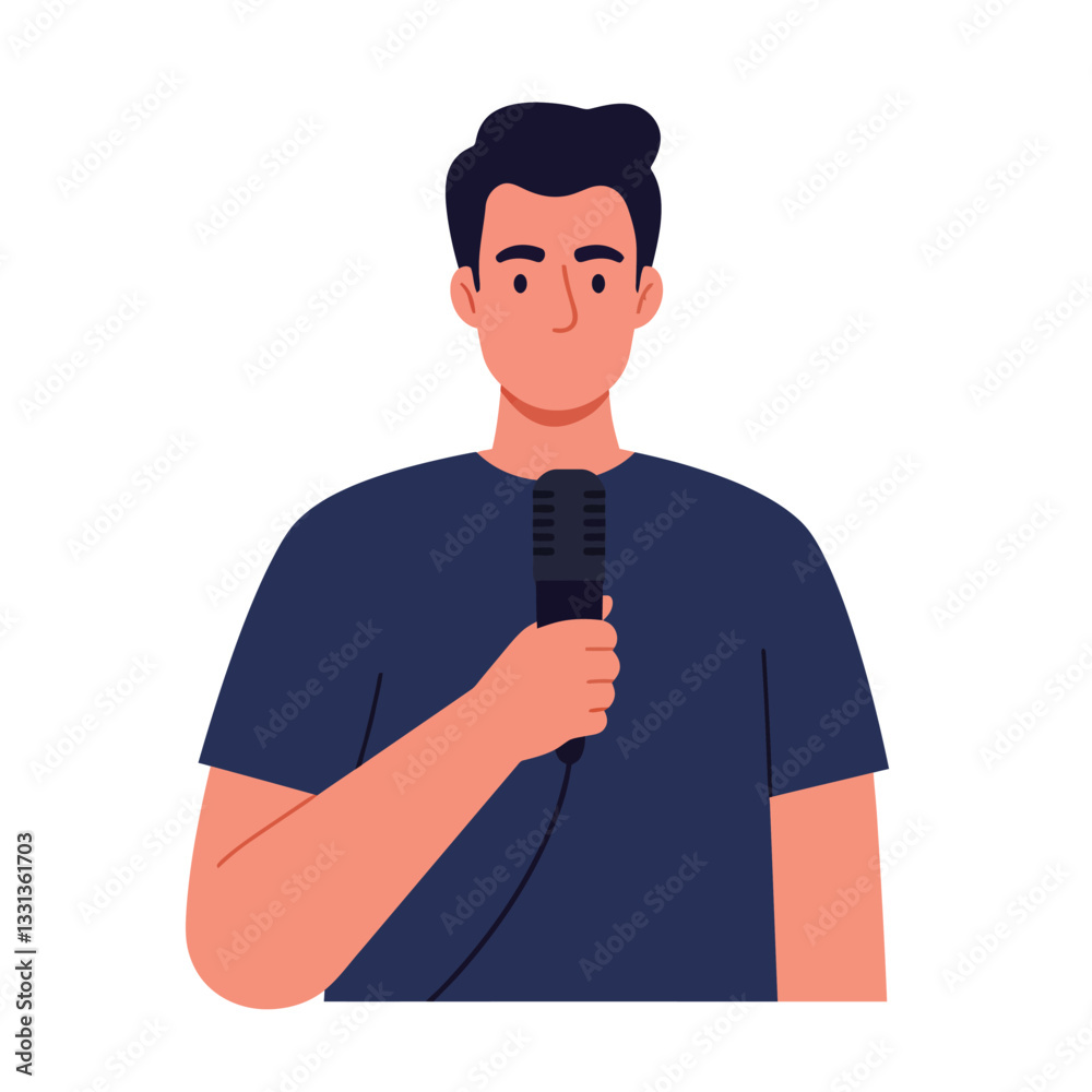 Man holding a microphone in flat design style vector illustration Man holding a microphone in flat design style vector illustration
