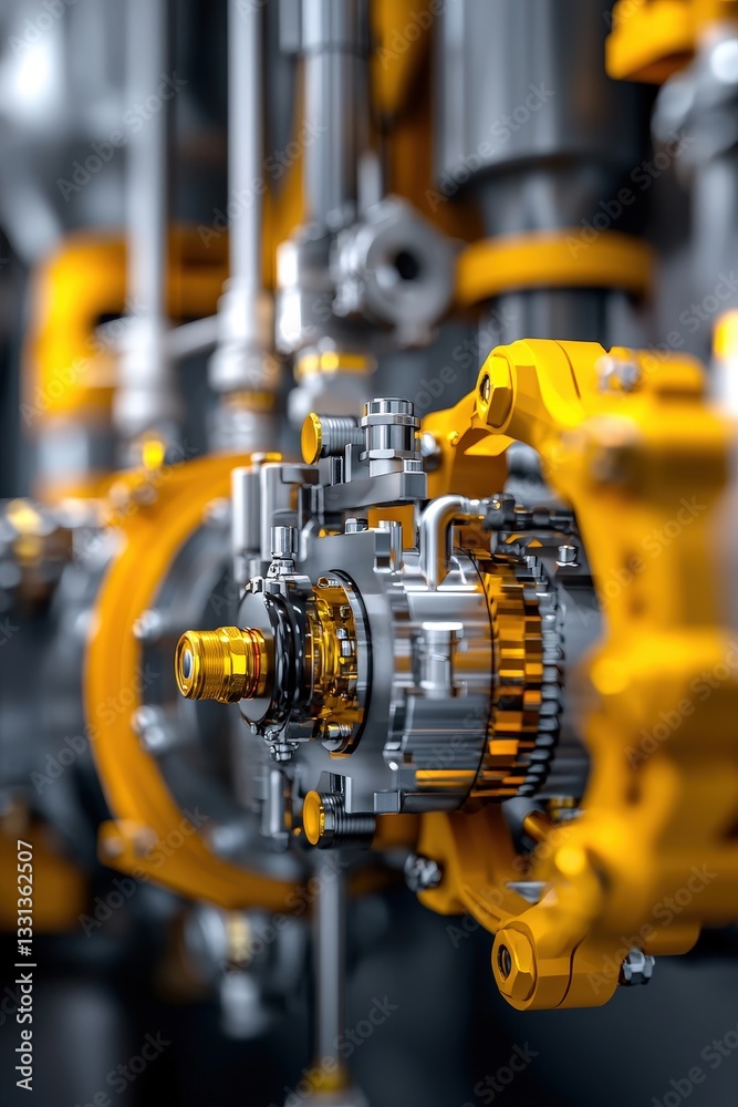 Intricate Mechanical Engineering Part with Bright Yellow Accents Intricate Mechanical Engineering Part with Bright Yellow Accents