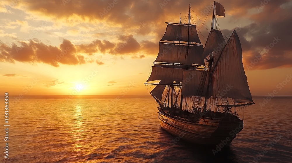Obraz premium Sailboat at sunset on the open sea