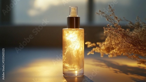 Golden cosmetic serum bottle on table at sunset.