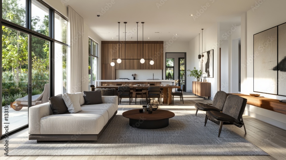 Fototapeta premium Modern open-concept living and dining space with large windows, chic decor, and a harmonious blend of textures and materials.