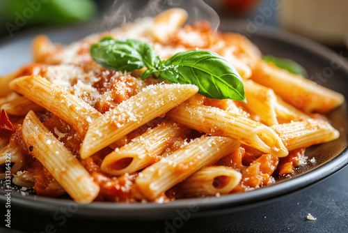 Plate of traditional penne all’arrabbiata with spicy tomato sauce, basil, and Parmesan