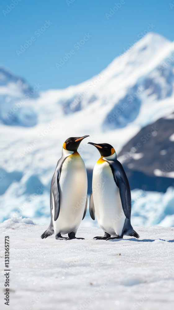 Obraz premium Two penguins standing elegantly on snowy terrain, surrounded by stunning Antarctic mountains and ice formations, perfect for elegant and serene smartphone wallpapers. 