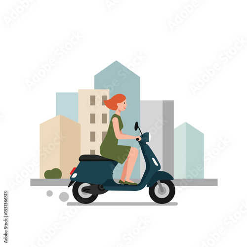 Woman riding scooter in urban setting minimal vector illustration