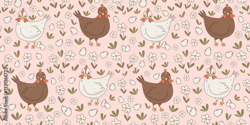 cute hand drawn horizontal cartoon hen and easter eggs in the meadow with daisy flowers seamless vector pattern background illustration