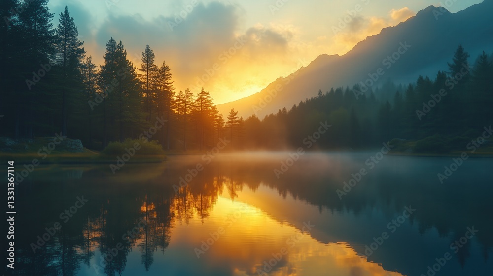 Sunrise reflection on tranquil lake mountain region nature scene Sunrise reflection on tranquil lake mountain region nature scene