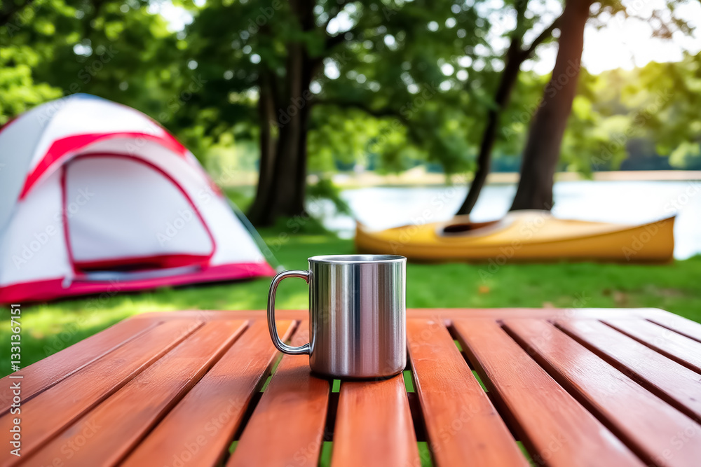 Fototapeta premium metallic mug rests on a wooden picnic table in a campsite near a lake