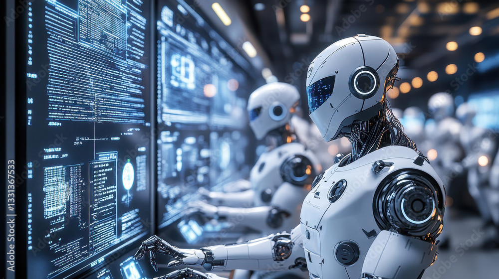 A group of futuristic robots working together in an advanced data center A group of futuristic robots working together in an advanced data center