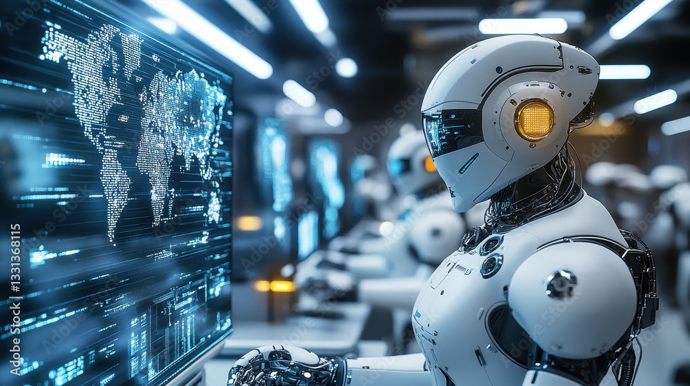 Fototapeta premium A group of futuristic robots working together in an advanced data center