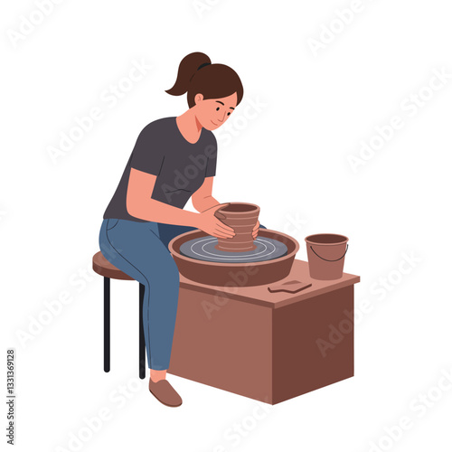 Potter shaping clay on wheel in minimal flat design vector illustration
