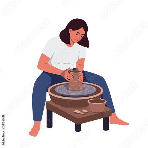 Woman shaping clay on pottery wheel in flat vector art style