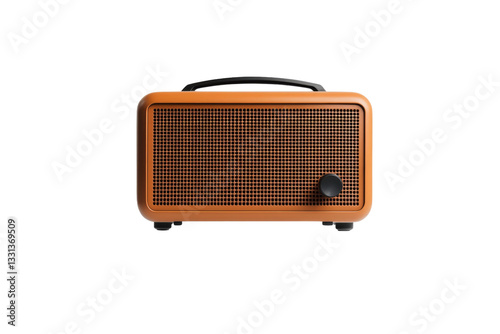 Small orange radio with a black handle sits on a white background, isolated