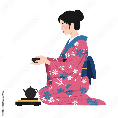 Woman in traditional kimono pouring tea in flat vector illustration