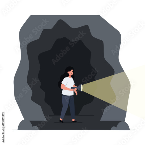 Woman exploring cave with flashlight in detailed flat vector art