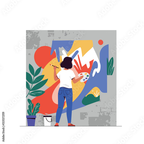 Artist creating vibrant mural with bold shapes in flat style vector art