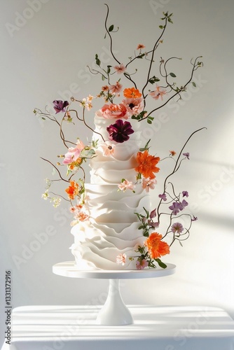 A beautifully designed tiered cake showcases an intricate pattern, adorned with colorful flowers and slender branches. The soft lighting enhances the cake's stunning appearance.