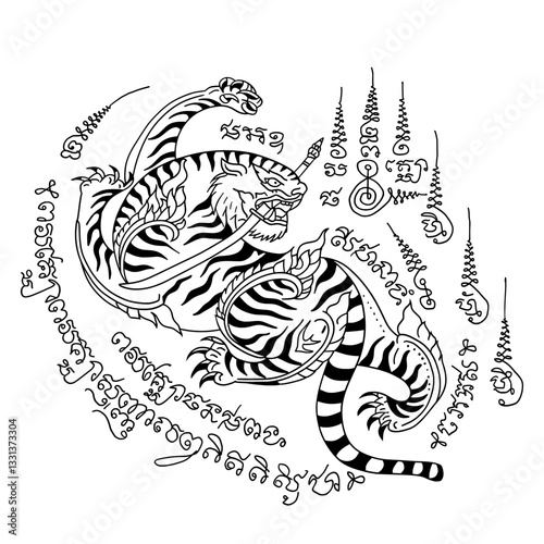 Thai traditional tattoo. Tiger Holding Sword Yantra. Thai text translation: power, strength, courage, and authority