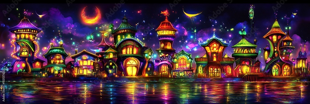 Obraz premium Illuminated fantasy city on water at night with stars, moon, and a magical vibe, for decor