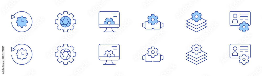 Settings icon set in two styles, Duotone and Thin Line style. Editable stroke. restore settings, settings, layers, account Settings icon set in two styles, Duotone and Thin Line style. Editable stroke. restore settings, settings, layers, account