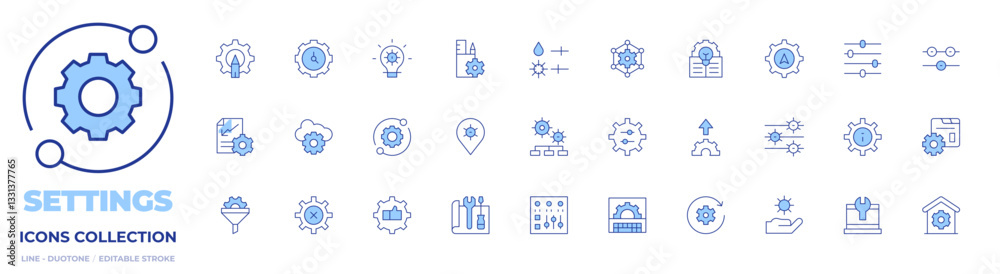 Settings icons collection. Line Duotone style, editable stroke. controls, outsourcing, management, work in progress, filter, control panel, project, idea, clock Settings icons collection. Line Duotone style, editable stroke. controls, outsourcing, management, work in progress, filter, control panel, project, idea, clock