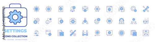 Settings icons collection. Line Duotone style, editable stroke. error, support, cogwheel, network, tool, easy installation, file, job, calendar, settings, control