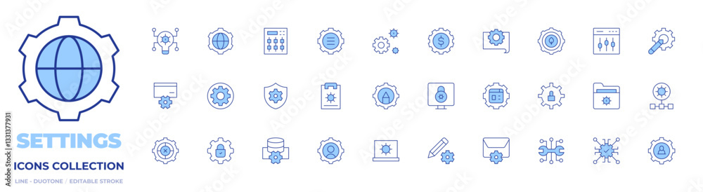 Settings icons collection. Line Duotone style, editable stroke. web management, lock, database, mail, idea, console, setting, settings, money management, security Settings icons collection. Line Duotone style, editable stroke. web management, lock, database, mail, idea, console, setting, settings, money management, security