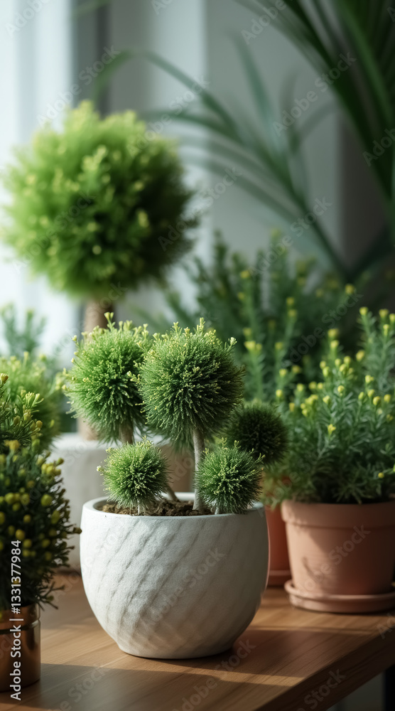 Fototapeta premium collection of potted round bushy green plants