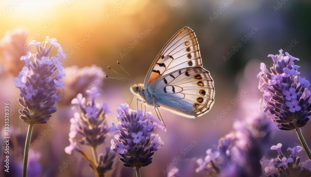 Obraz premium A delicate butterfly perched on a lavender flower, captured in intricate detail, with soft, natural lighting highlighting the vibrant colors of the butterfly and the calming lavender petals. 