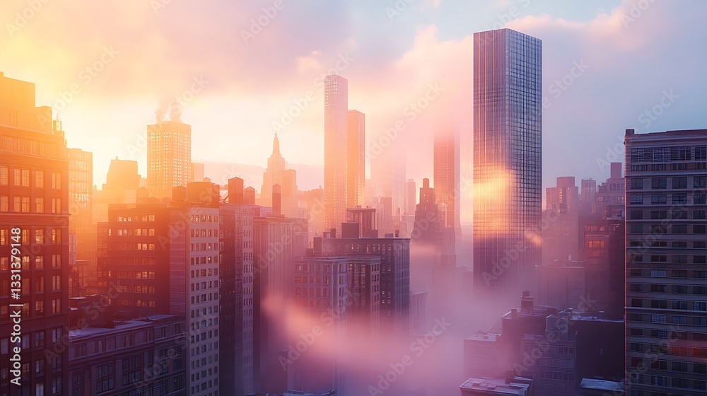 Fototapeta premium Grand city skyline featuring dramatic red sunset high resolution picture