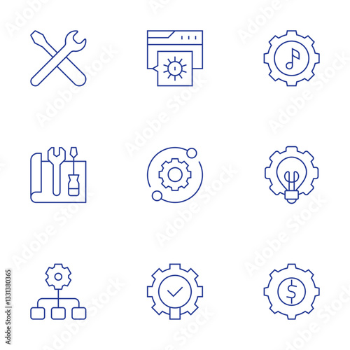 Settings icons set. Thin Line style, editable stroke. support, project, reorganize, settings, idea, setting