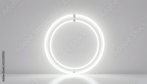 Bright white neon halo with soft radiance, floating in an elegant white background