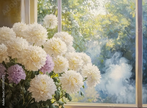 Elegant White and Light Purple Flowers Beside a Sunlit Window with Soft Greenery in a Dreamy Background